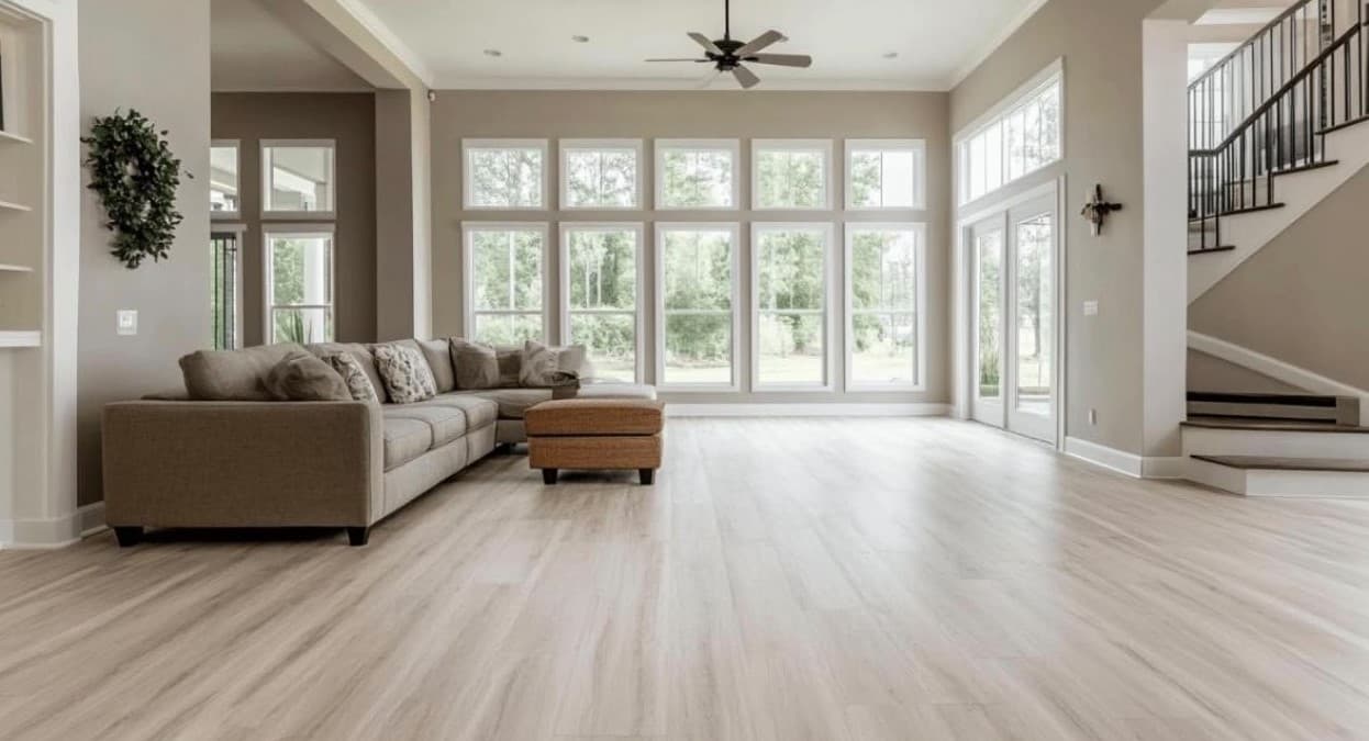 Completed interior remodel featuring new light wood flooring, high ceilings, and large windows
